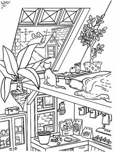 a black and white drawing of a house with plants in the window sill,