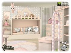 a child's bedroom with pink and white decor on the walls, furniture and accessories