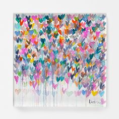 an abstract painting with hearts and the words love is in the air on white background