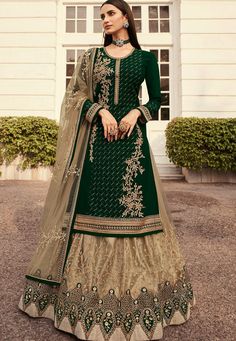 green beige satin georgette lehenga style suit 7006  Desc:  Green and Beige Satin Georgette Lehenga Style Suit. Comes with matching Inner Shantoon and bottom Satin Georgette with Net dupatta. Slight variation in color fabric and work is possible. Model images are only representative. Designs  patterns and colors may slightly vary from the actual color vs. image due to screen resolution or photography lights.Accessories and other item shown in picture is used for photography will not included in Long Choli Lehenga, Fake Fur Coat, Lehenga Suit, Green Lehenga, Lehenga Style, Net Lehenga, Pakistani Salwar Kameez, Georgette Dress, Indian Lehenga