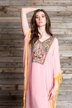 "Women Loungewear Caftan, Mustard Dress, Embroidered Kaftan Dress Evoke a wanderlust vibe with our free spirited, beachy bohemian range which has a way of making every woman feel beautiful, and exotic. We wanted to design something elegant yet comfortable for any occassion. These embroidered kaftans inspired by an ancient folk art of India, feature tribal/folk embroidery, which effortlessly manages to capture the true spirit of bohemia, yet blends seamlessly with the global boho trend. You can w Pink Kaftan, Long White Maxi Dress, Kaftan Women, Women Loungewear, Long Kaftan Dress, Mustard Dress, Embroidered Kaftan, Kaftan Designs, Boho Dresses Long