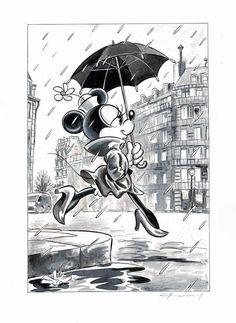 a drawing of mickey mouse jumping in the rain with an umbrella