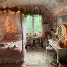 a bedroom decorated in pink and white with fairy lights on the ceiling, bed curtains, desks, and windows