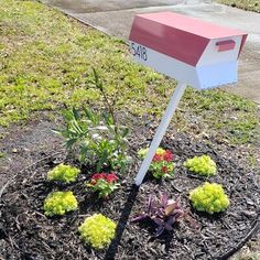 a mailbox sitting in the middle of a flower bed