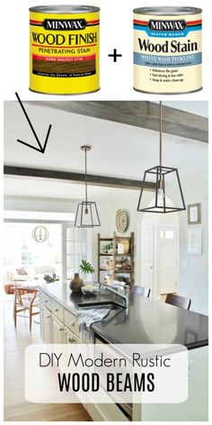 two different types of wood paint and the words diy modern rustic wood beams above them