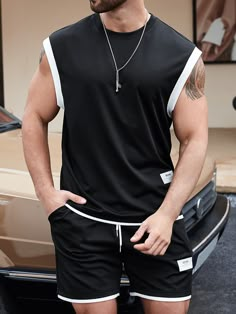 Preto Casual Collar Sem Mangas  Simples  Embellished Não elástico  Conjuntos Masculino Tank Top Shorts Outfit Men, Sleeveless Tee Outfit Men, Men Singlet Outfit, Tank Top Men’s Outfit, Men’s Summer Outfits Tank Tops, Men Suit Fashion, Mens Streetwear T-shirts & Tank Tops, Clothing Factory, Drawstring Waist Shorts