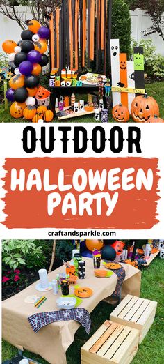 an outdoor halloween party with pumpkins and decorations