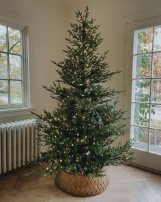 a small christmas tree in a basket on the floor next to a radiator