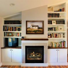 a living room filled with furniture and a fire place in front of a book shelf