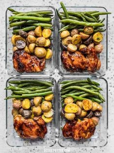 four glass containers filled with chicken, potatoes and green beans