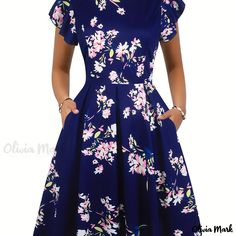 Olivia Mark - Floral Print Round Neck Batwing Sleeve Dress, Elegant Tunic Ruffled Hem Midi Dress, Women's Clothing Casual Blue Midi Dress With Flutter Sleeves, Blue Floral Print Fit And Flare Midi Dress, Casual Pleated Dresses With Flutter Sleeves, Blue Floral Print Midi Dress Fit And Flare, Blue Floral Print Midi Dress With Flutter Sleeves, Blue Floral Dress With Short Sleeves, Blue Short Sleeve Floral Dress, Blue A-line Dresses With Pockets, Blue A-line Dress With Pockets