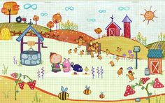 an image of children playing in the field with animals and farm scenes on it's side