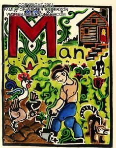 a drawing of a man in front of a farm with animals and plants on it