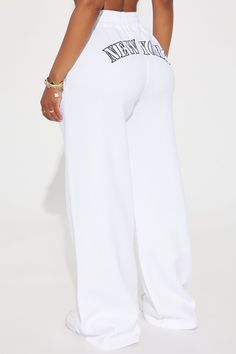 Available In White. Pair Back To "New York Embroidered Zip Front Hoodie" Wide Leg Back Screen 60% Cotton 40% Polyester Imported | New York Embroidered Wide Leg Pants in White size XL by Fashion Nova Casual Embroidered Pants For Loungewear, White Straight Leg Leisure Pants, Casual Stretch Embroidered Bottoms, White Sweatpants For Spring Leisure, Casual Embroidered Stretch Pants, Casual Stretch Embroidered Pants, Embroidered Relaxed Fit Bottoms For Loungewear, White Embroidered Bottoms For Loungewear, Jeans Jumpsuit