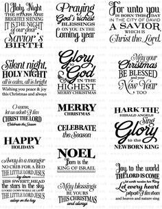 christmas sayings and phrases in black ink on white paper, with the words merry