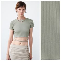 Nwt. Zara Green Ribbed Short T-Shirt With Straps, Round Neckline, Short Sleeves, Adjustable Neckline With Shoulder Strap At The Back. Size S. Ref. 4174/182. Pit To Pit 13,5" Flat, Shoulders 12", Sleeves 5", Length 15". Bs Summer Crop Top With Ribbed Crew Neck, Ribbed Crew Neck Crop Top For Summer, Crew Neck Crop Top With Ribbed Neckline For Summer, Fitted Khaki Short Sleeve Top, Solid Tops With Ribbed Neckline For Summer, Fitted Khaki Tops With Crew Neck, Basic Khaki Tops For Summer, Basic Khaki Summer Tops, Fitted Khaki Crew Neck Tops