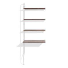 three wooden shelves on the wall, one is white and one has brown shelving