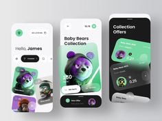 three mobile phone screens showing the app design for baby bears collection, including an iphone and earbuds