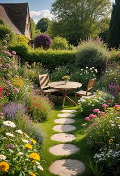 a garden with flowers and a wooden table in the middle, surrounded by stepping stones