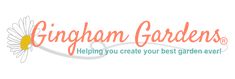 the logo for ginghan gardens helping you create your best garden ever, with daisies