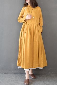 Fabric: Fabric has no stretchSeason:     Spring .FallType: DressSleeve Length:     Long SleeveColor:    Purple .Yellow .Green .RedDresses Length:   MaxiStyle: CasualMaterial:     LinenSilhouette:  LooseOne Size(Fit S/M/L): Length:118 cm .Shoulder Wide:39 cm .Sleeve Length:56 cm .Sweep:122 cm .Bust:106 cm Dress Sleeve Length, Spring Clothes, Maxi Styles, Linen Maxi Dress, Spring Outfits Women, Dresses Women, Womens Maxi Dresses, Maxi Dresses, Hijab Fashion