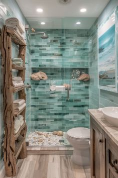 a bathroom with blue glass tile and wood accents