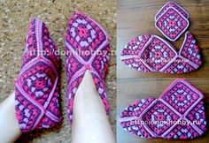 two pictures of pink slippers with hearts on them