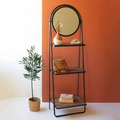 a shelf with a mirror on it next to a potted plant and a round mirror