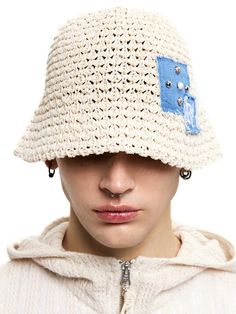 This is a casual and comfortable bucket cap made out of high quality cotton and paper blend fabric. With design detail of relaxed and deep silhouette, coarse structure for summer season, and rivet detail on the front, it gives a comfortable and trendy mood.- Deep and relaxed slihouette- Denim logo patch embroidery- Coarse texture for cool touch- Rivet detail on the front Trendy Brimmed Cotton Sun Hat, Cotton Crochet Hat For Vacation, Wide Brim Cotton Crochet Hat For Vacation, Wide Brim Cotton Crochet Vacation Hat, Vacation Cotton Crochet Hat With Short Brim, Cotton Bucket Hat With Short Brim For Beach, Cotton Beach Bucket Hat With Short Brim, Casual Cotton Hats For Vacation, Cotton Crochet Hat With Short Brim For Beach