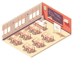 an empty classroom with desks and chalkboard on the wall - miscellaneous objects illustrations