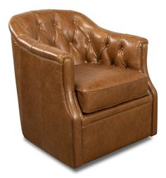 a brown leather chair sitting on top of a white floor