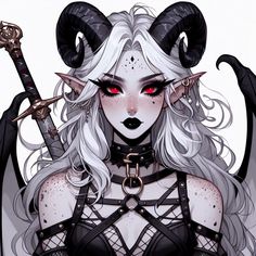 a drawing of a woman with horns and demon makeup, holding two swords in her hands