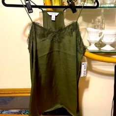 Bnwt Nine West Spaghetti Top ( Camisole) Size Small/ Embroidered Top Part Measurements Shown In Photos Pretty In Green ( Moss) Pls See All Photos Taken Spring Camisole With Lace Trim For Night Out, Spring Lace Trim Camisole For Night Out, Green Cami Top For Night Out, Summer Lace Trim Tank Top For Night Out, Summer Tank Top With Lace Trim For Night Out, Green Cami Tank Top For Night Out, Green Tops With Adjustable Straps For Party, Elegant Green Top With Spaghetti Straps, Elegant Green Tops With Spaghetti Straps