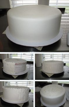 four different views of a white cake on a table