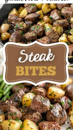 steak bites in a skillet with potatoes and green beans on the side, next to a