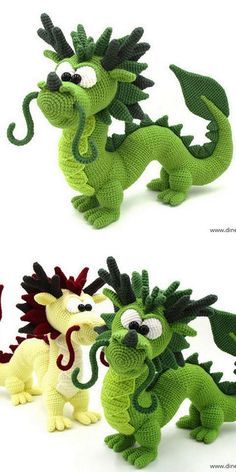 three crocheted dragon figurines sitting next to each other