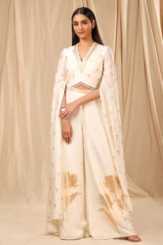 House Of Masaba | Ivory Bustier With Palazzo | INDIASPOPUP.COM Luxury Designer Cutwork Palazzo Set, Luxury Blouse Piece For Eid Puja, Luxury White Palazzo Set With Resham Embroidery, House Of Masaba, Wine Garden, Caribbean Fashion, Scallop Border, Printed Palazzo Pants, Indo Western Dress