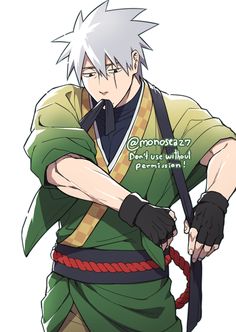 an anime character with white hair and black gloves, holding a rope in his hands