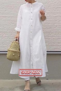 Women Fashion Long Sleeve Vintage Oversize Casual Maxi Dress Cupro Dress, Loose Shirt Dress, Collar Shirt Dress, Mandarin Collar Shirt, Loose Cardigan, Dress Sleeve Length, Collared Shirt Dress, Chiffon Dress Long, Cotton Linen Dresses