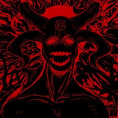 a demonic demon with horns and fangs on his head, standing in front of red background