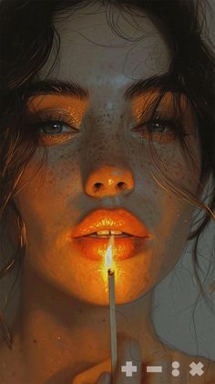 a woman with freckles on her face holding a lit matchstick in front of her mouth