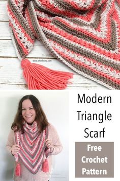 the modern triangle scarf is knitted in two different colors and has a tasselled fringe