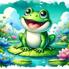 a frog sitting on top of a lily pad with water lilies and butterflies around it