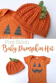 the baby pumpkin hat is made from yarn and it has two matching pumpkins on it