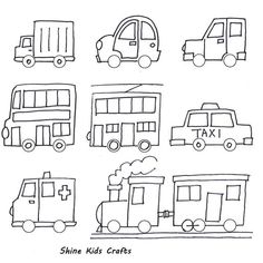 some cars and trucks are drawn in the shape of children's drawings on paper