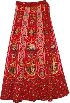 Ethnic Hand Screen Printed Cotton Wrap Skirt - A cheerful skirt in bright red with traditional Indian designs.  The material of the skirt is of great quality and the design very unique. #tlb #WrapAroundSkirt #XLPlus #Misses #Maxi Skirt #vacationclothing #beachwrap #Floral #Printed #Elephant Traditional Multicolor Long Wrap Skirt, Traditional Multicolor Maxi Skirt For Festivals, Festive Bohemian Cotton Skirt, Red Lined Flared Wrap Skirt, Red Flared Wrap Skirt With Lining, Festive Red Flared Skirt, Traditional Red Lined Maxi Skirt, Traditional Red Skirt With Patterns, Traditional Red Cotton Skirt