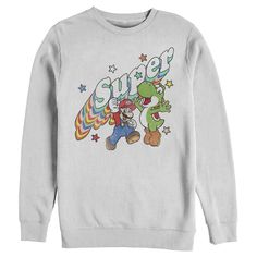 Kick it old school with this retro Nintendo Mario and Yoshi Retro Super Men's Crew Neck Sweatshirt! Pop open an issue of Nintendo Power, enter that cheat code, enjoy infinite lives, and look great doing it! Cute Yoshi, Mario And Yoshi, Super Mario Yoshi, Iron Man Stark, Galaxy Sweatshirt, Mario Yoshi, Super Mario Kart, Ugly Holiday Sweater, Men Logo