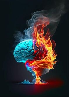 the brain is in flames and it appears to be colored red, blue, and yellow