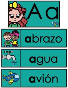 spanish alphabets with pictures of children and animals on them, including the letter a