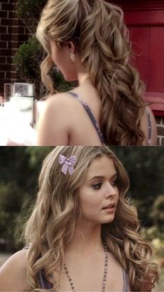 two pictures of a woman with long hair and one has a bow in her hair